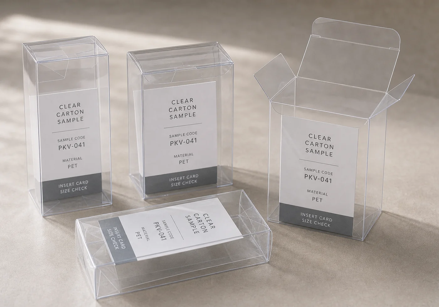 Clear PET folding box samples with insert cards, transparent panels, and tuck flaps